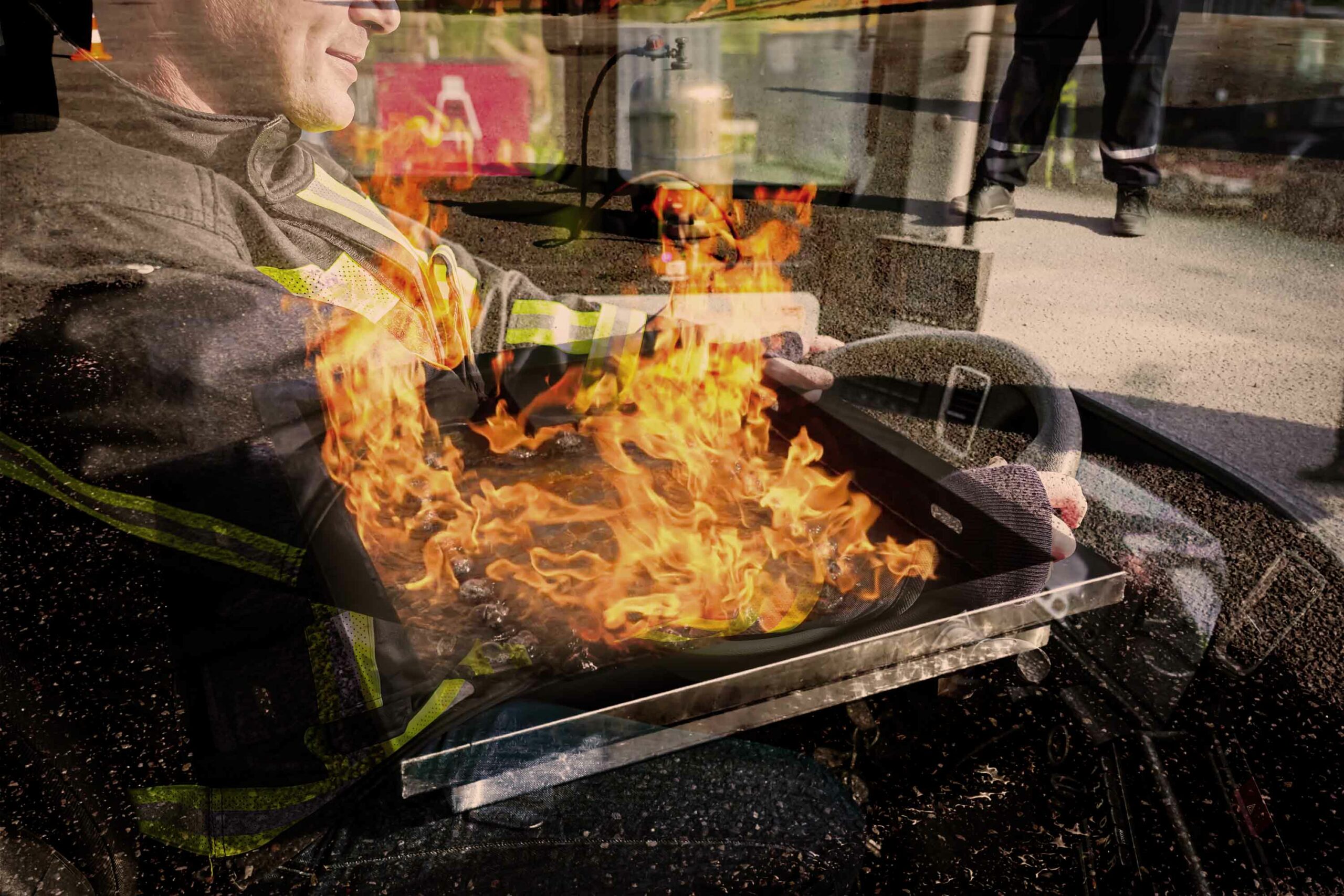 Un homme, en pleine formation sécurité incendie, se trouve face à un caisson feu, utilisé pour simuler des situations d'urgence et d'intervention. Cette formation permet d'apprendre les gestes techniques essentiels pour intervenir en toute sécurité face à un incendie, en mettant l’accent sur la prévention, la protection et les équipements adaptés pour minimiser les risques.